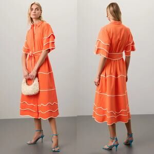 Alexis Rhodes Dress Short Sleeve Belted Midi A-Line Shirtdress Orange Small